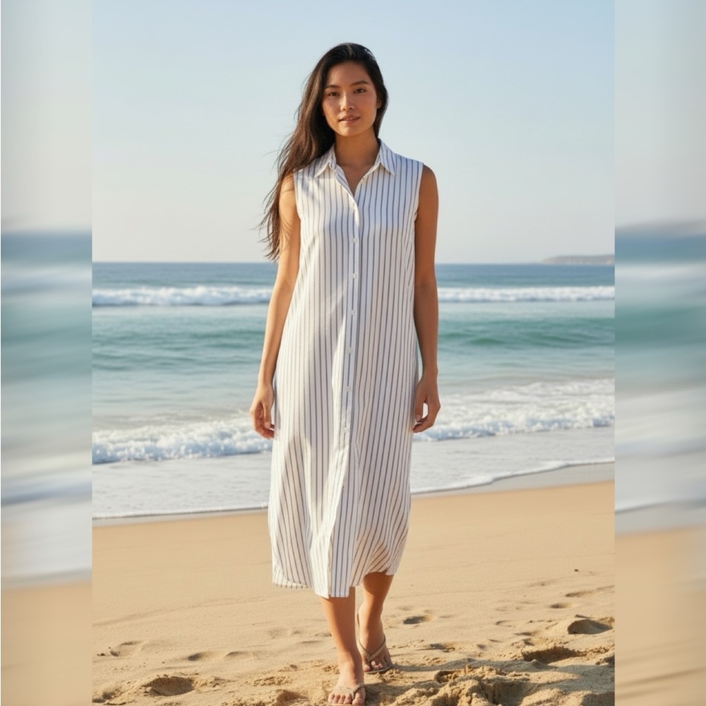 H&M Sleeveless Striped Shirt Dress in White and Navy